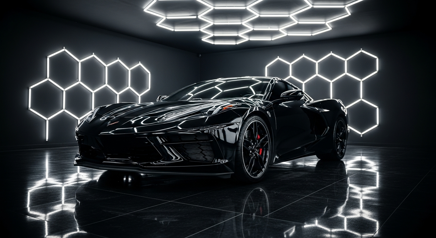 Professional auto detailing in Birmingham AL - Black Corvette under hex LED lights showing flawless ceramic coating finish at P's Auto Detailing Birmingham